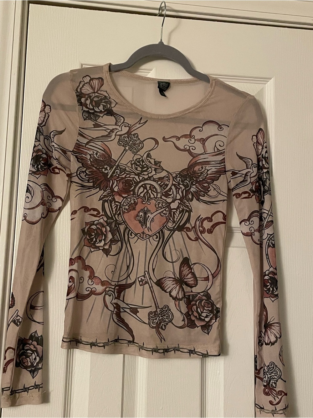 wild fable Beige Sheer Floral & Heart Graphic Long-Sleeve Top